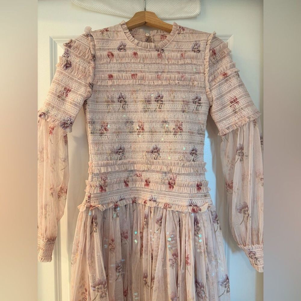 Needle & Thread sequin mini dress with sheer sleeves in dusty mauve US2/XS - Picture 3 of 10